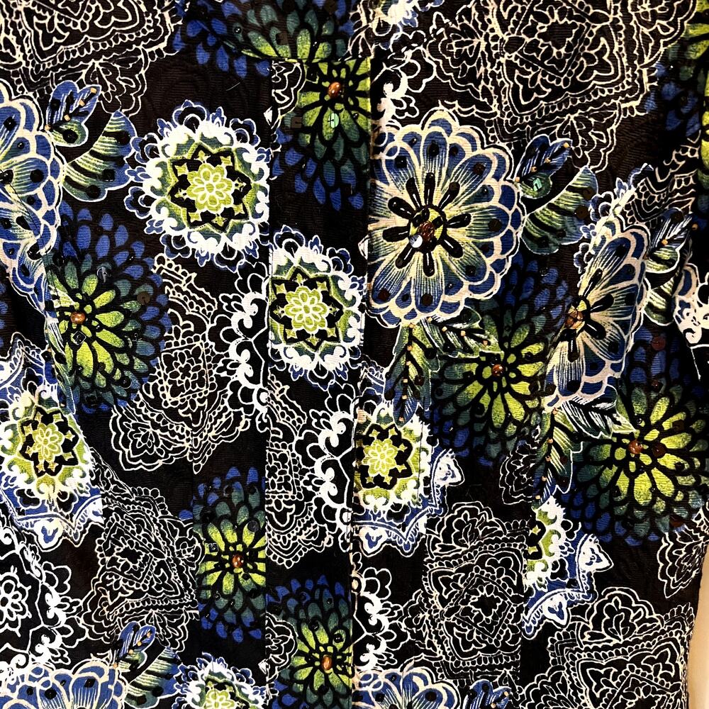 Chico's Black Floral Button Front Jackets Size Small Sequins Beaded Cotton - Picture 9 of 11